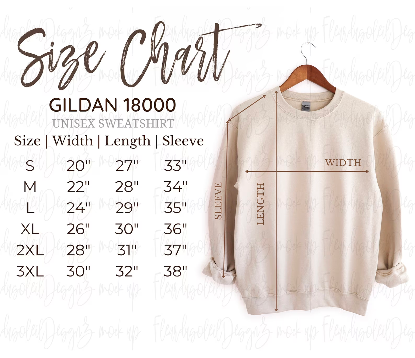 Size Chart - Gildan 18000 Unisex Sweatshirt