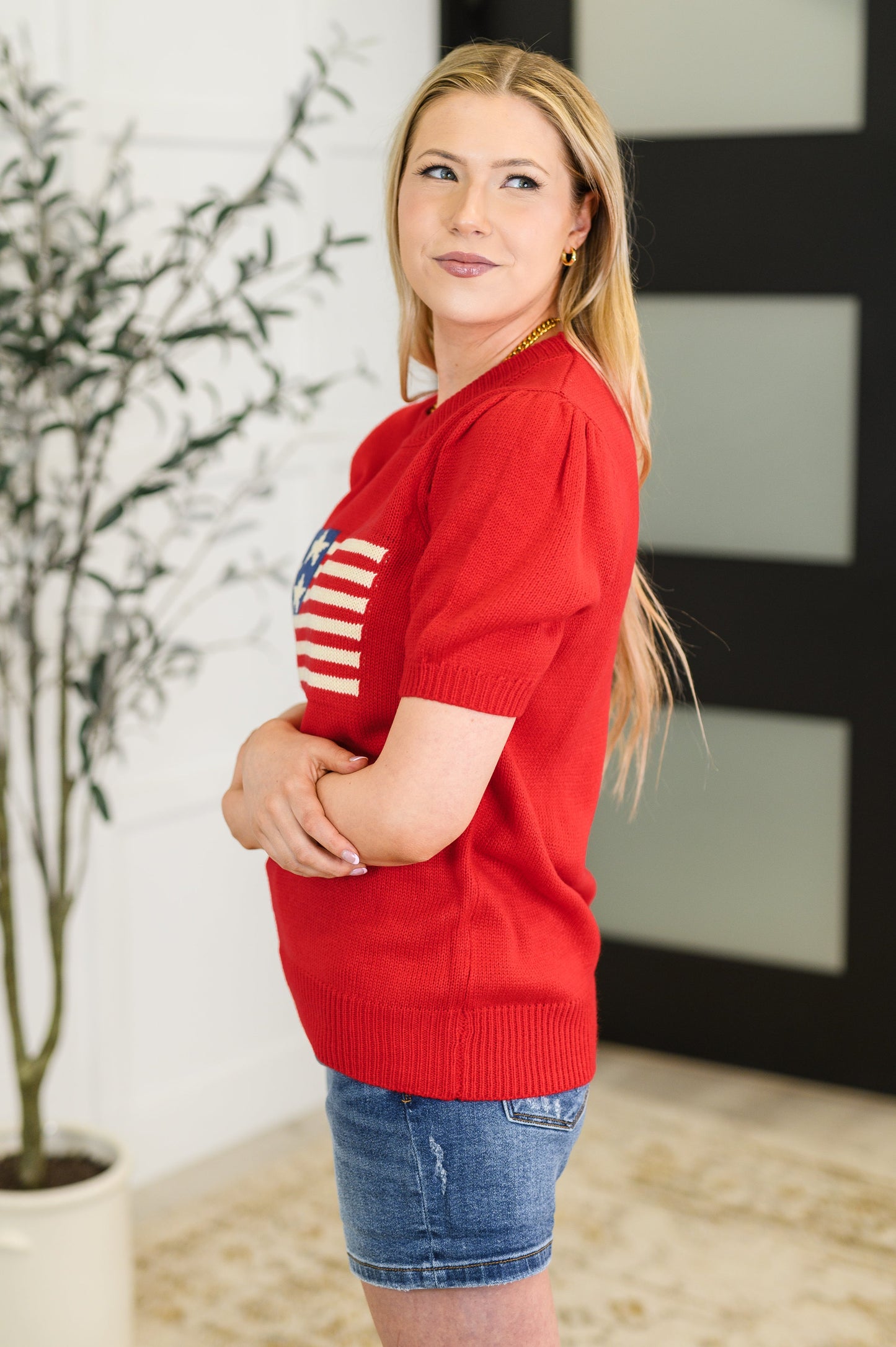 Hand Over Heart Graphic Knit Top in Red at Curbside Boutique