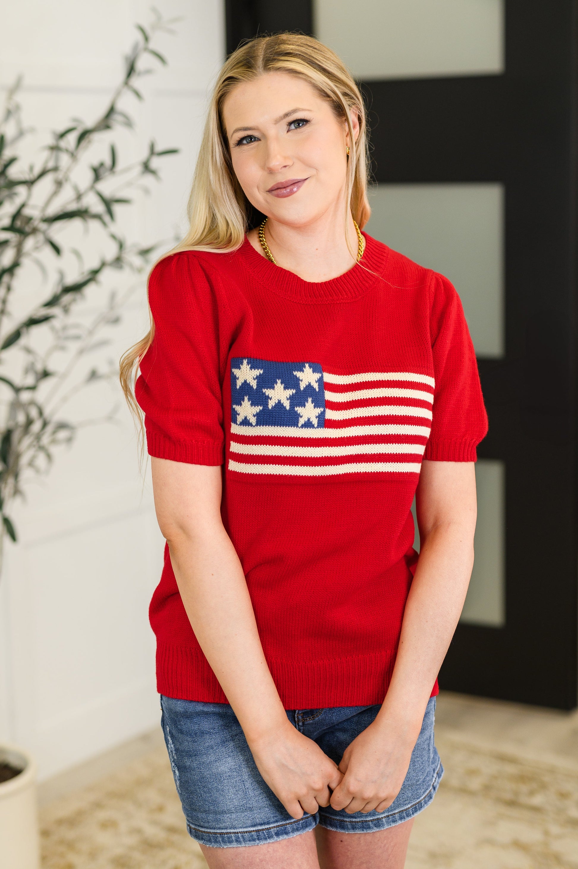 Hand Over Heart Graphic Knit Top in Red at Curbside Boutique