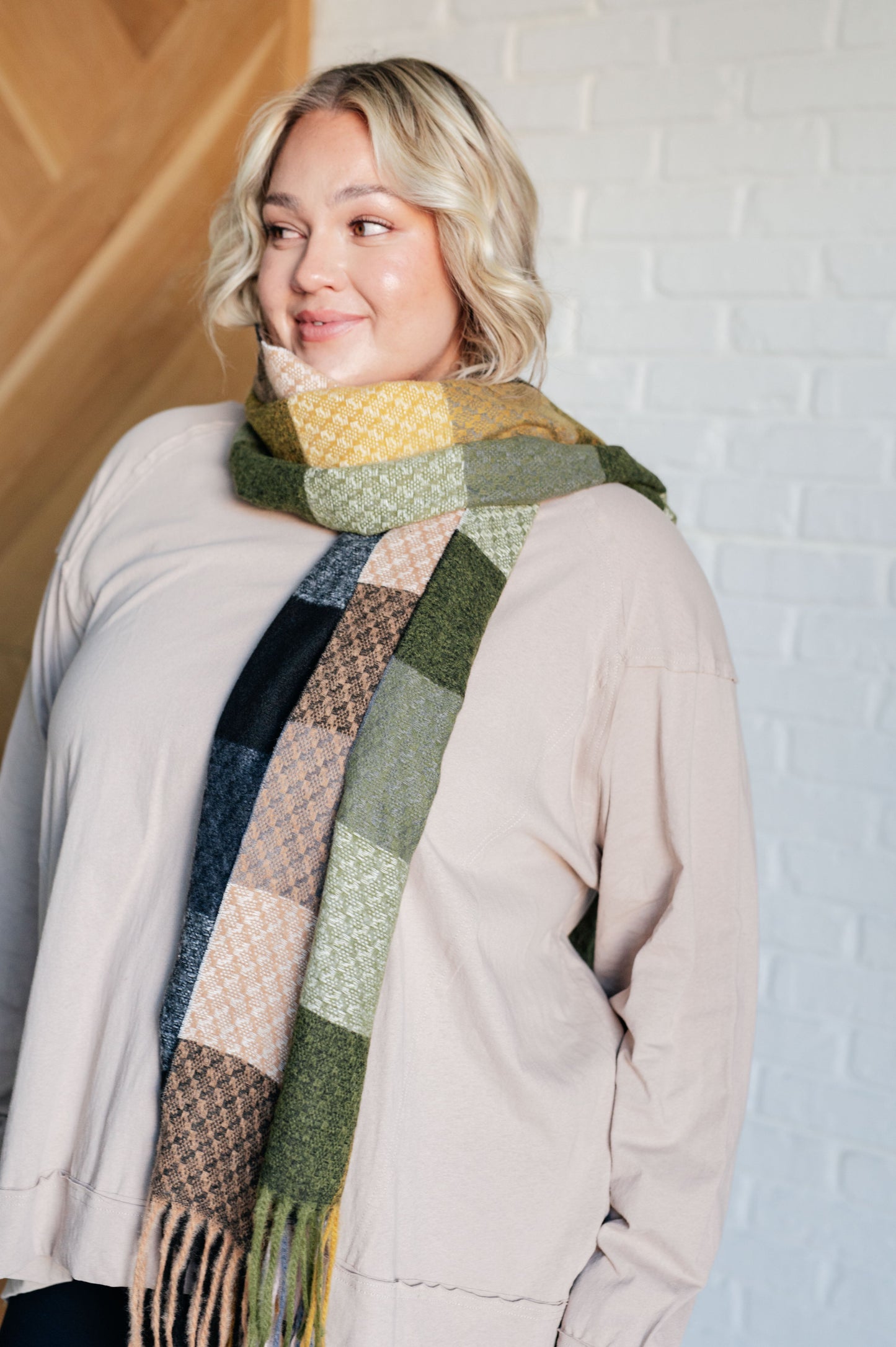 Keep Me Cozy Checkered Fringe Scarf in Woodland Shades at Curbside Boutique