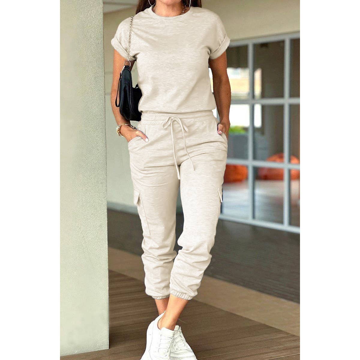 Casual Days Jogger Jumpsuit in Beige at Curbside Boutique
