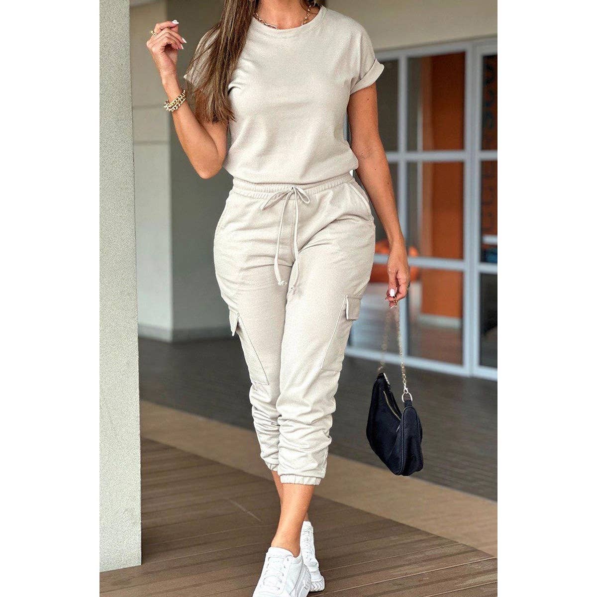 Casual Days Jogger Jumpsuit in Beige at Curbside Boutique