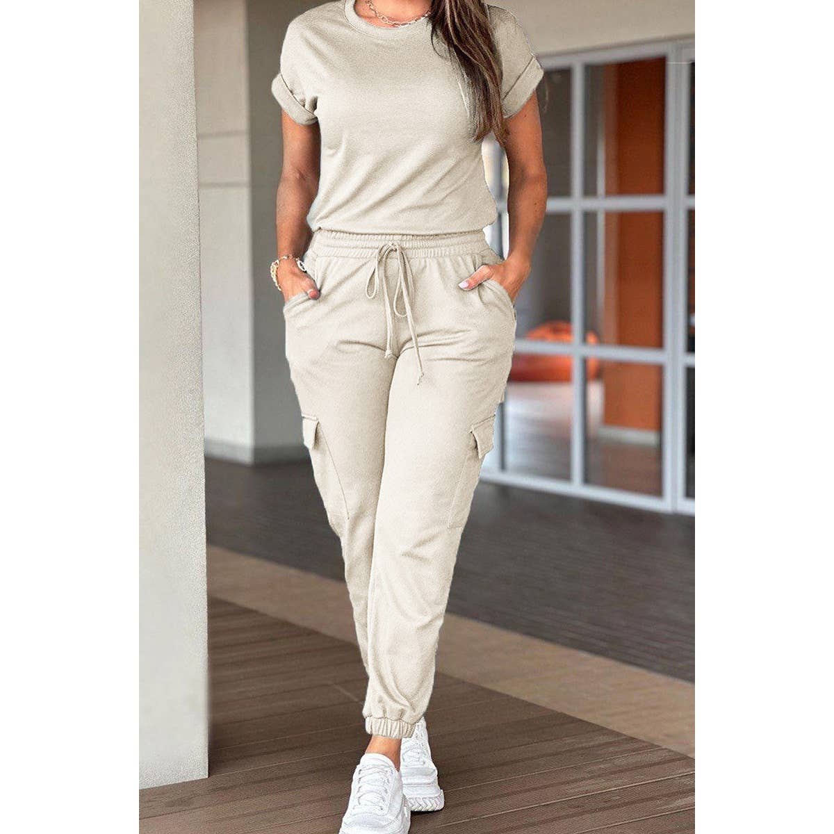 Casual Days Jogger Jumpsuit in Beige at Curbside Boutique