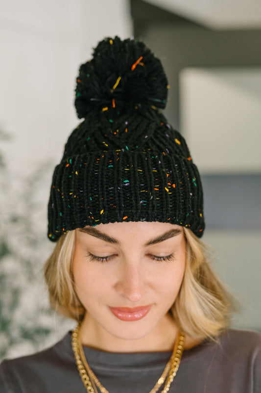 Cover Your Ears Pom Pom Beanie in Black at Curbside Boutique