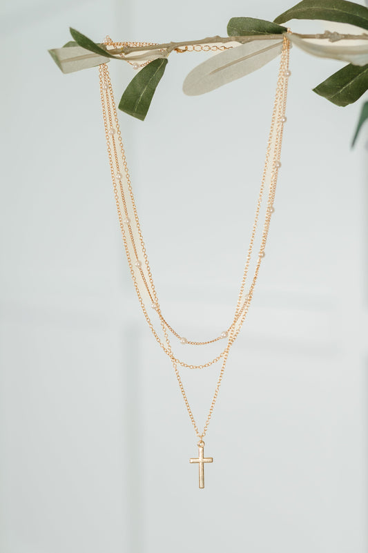 Halo Hues Cross Pendant Layered Necklace Set in Gold at Curbside Boutique