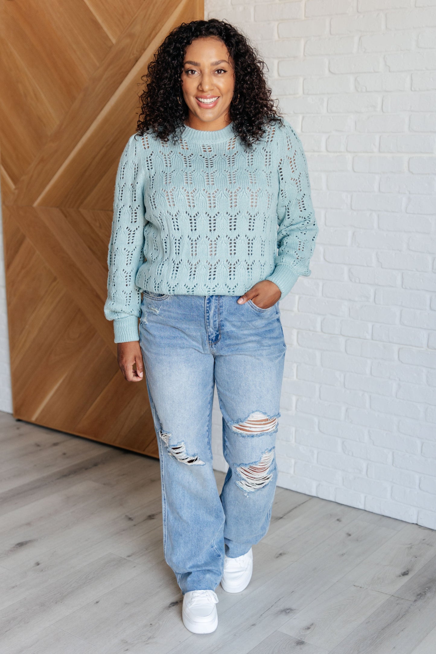 Hole In One Sheer Pointelle Knit Sweater at Curbside Boutique