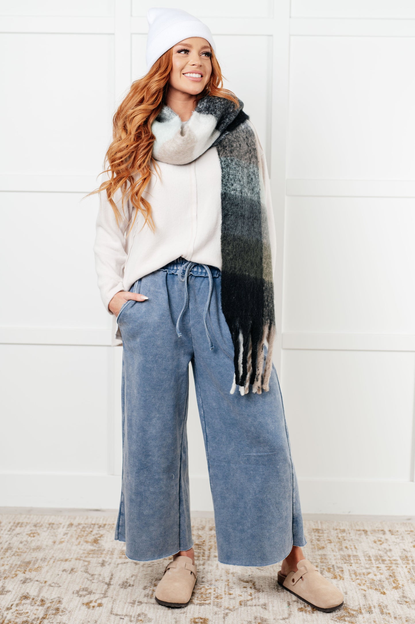 Wanderlust Wrap Oversized Plaid Fringe Scarf in Grey and Jade at Curbside Boutique