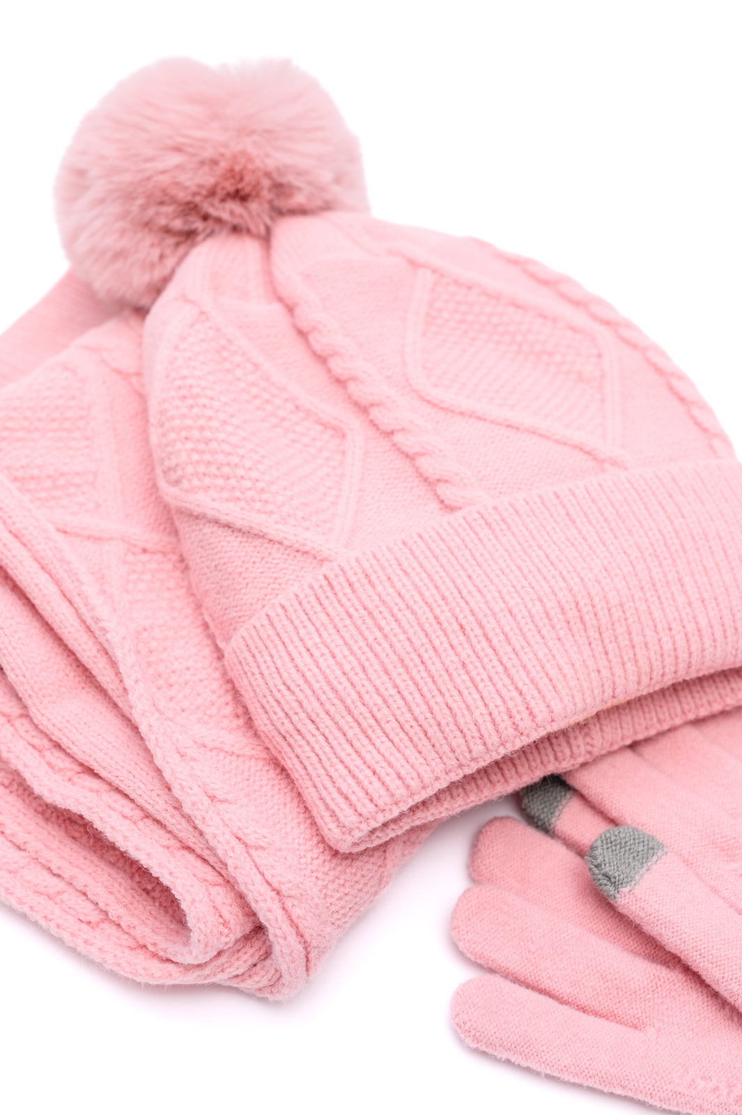 Jane Frost Beanie, Glove, and Scarf Set in Pink at Curbside Boutique