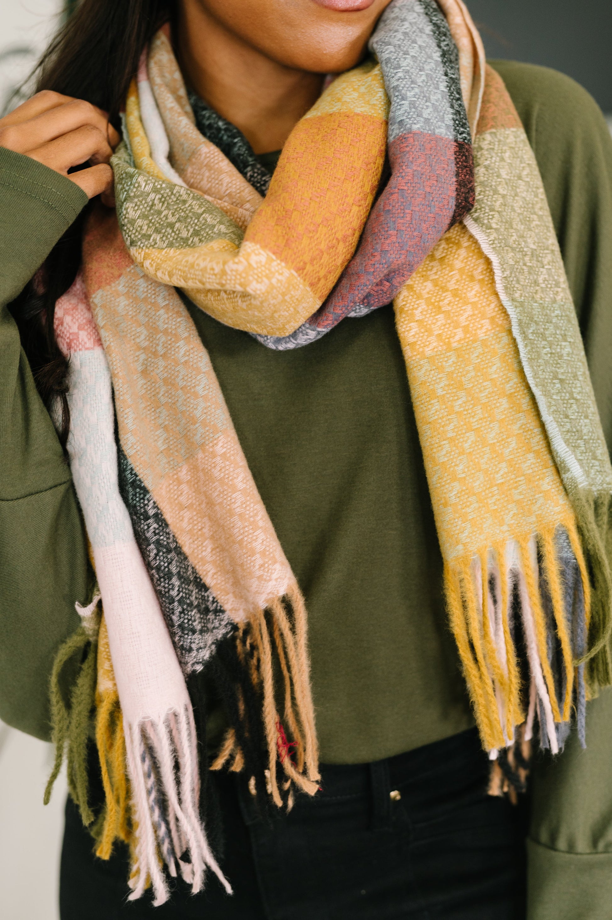 Keep Me Cozy Checkered Fringe Scarf in Pine and Petals at Curbside Boutique