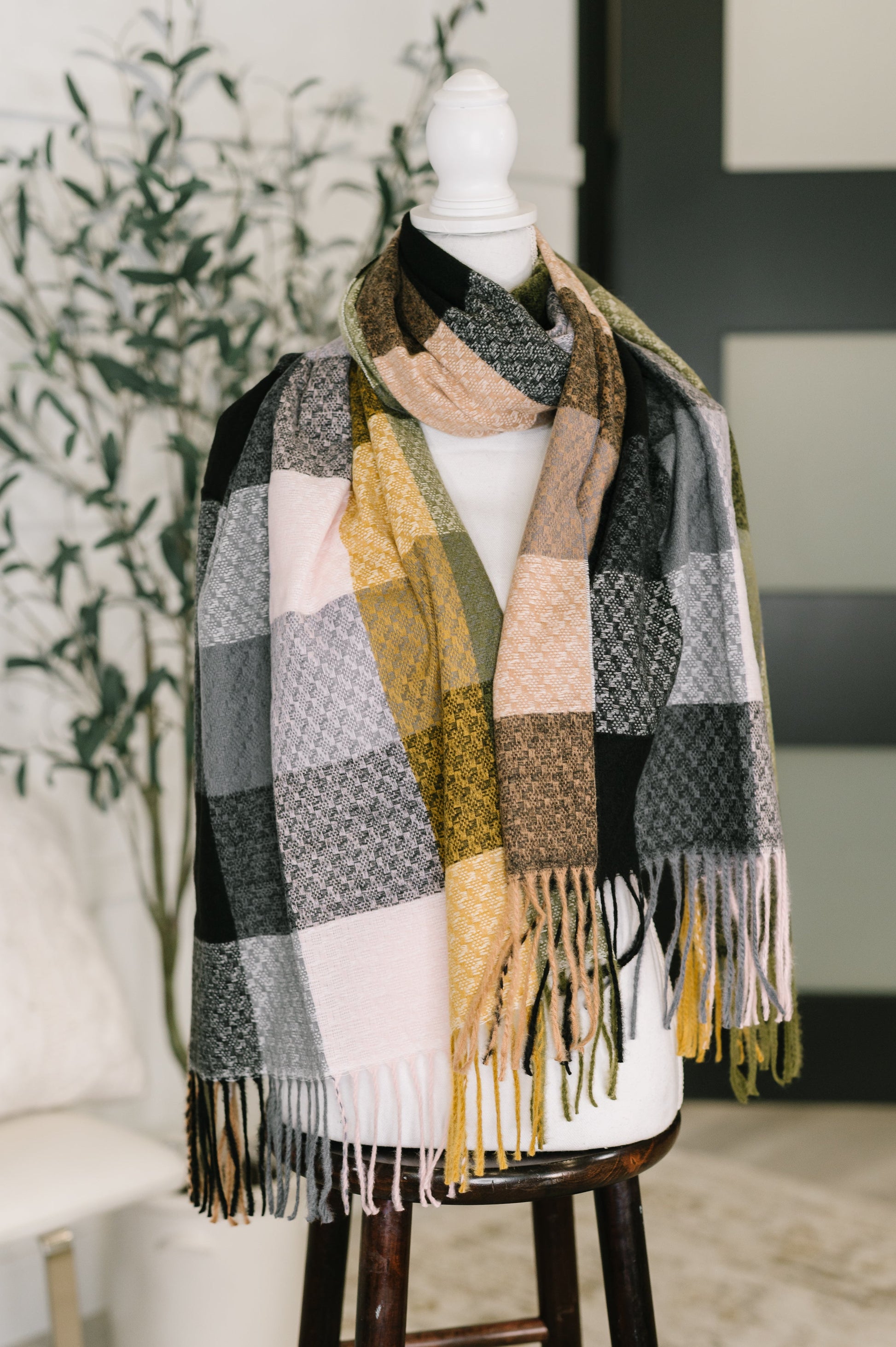 Keep Me Cozy Checkered Fringe Scarf in Woodland Shades at Curbside Boutique