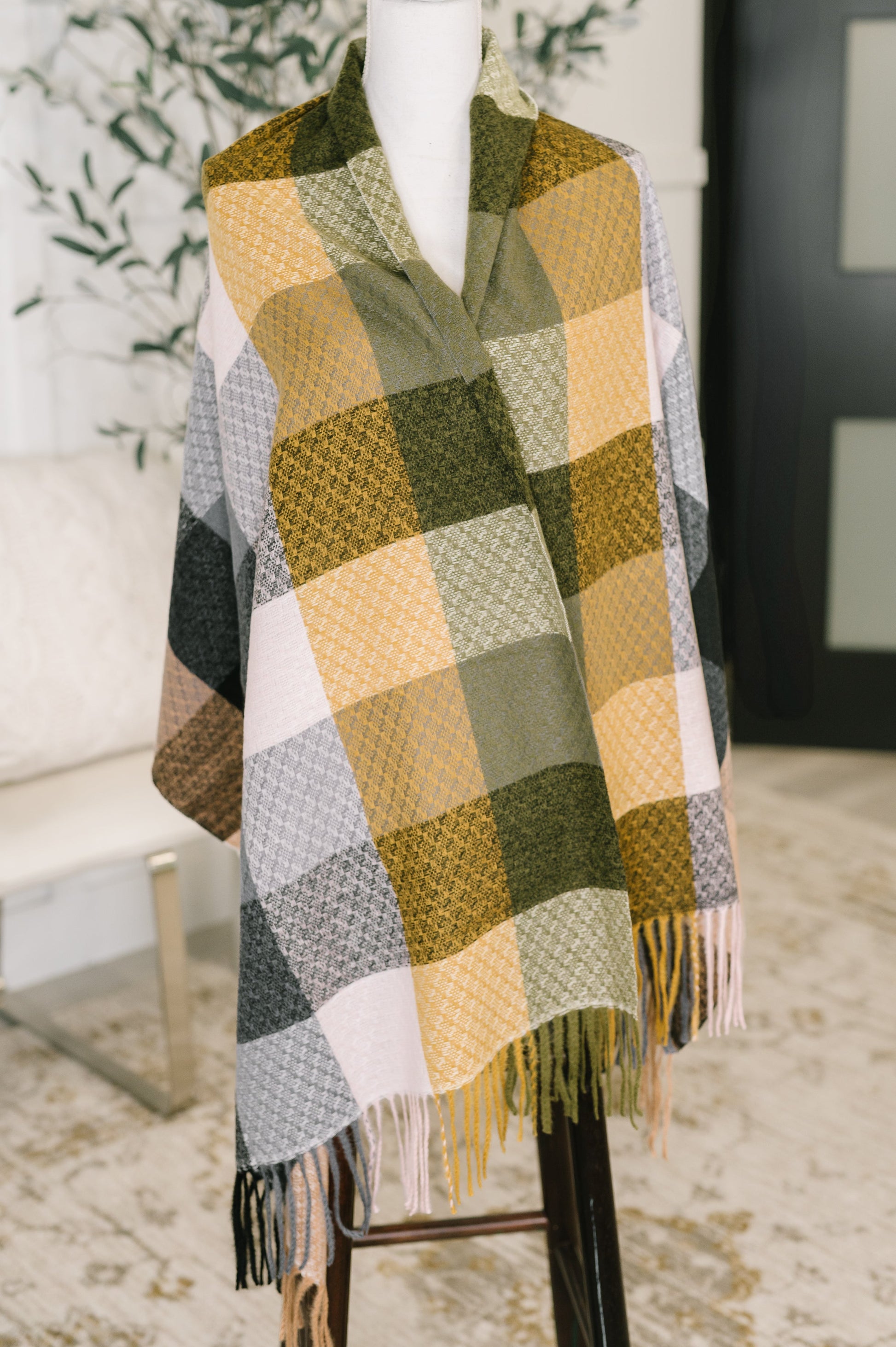Keep Me Cozy Checkered Fringe Scarf in Woodland Shades at Curbside Boutique