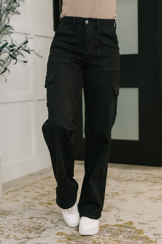 Keira High Waist Cargo Wide in Black at Curbside Boutique