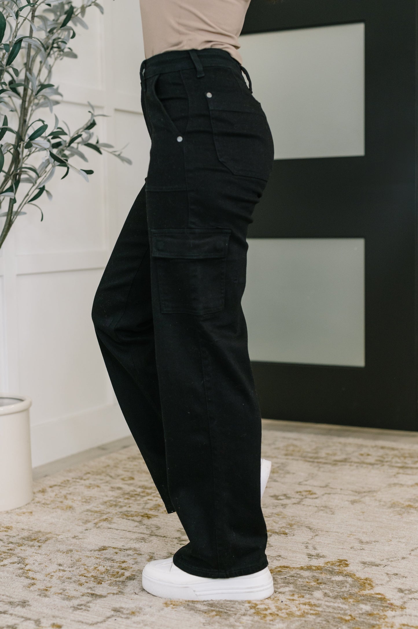Keira High Waist Cargo Wide in Black at Curbside Boutique