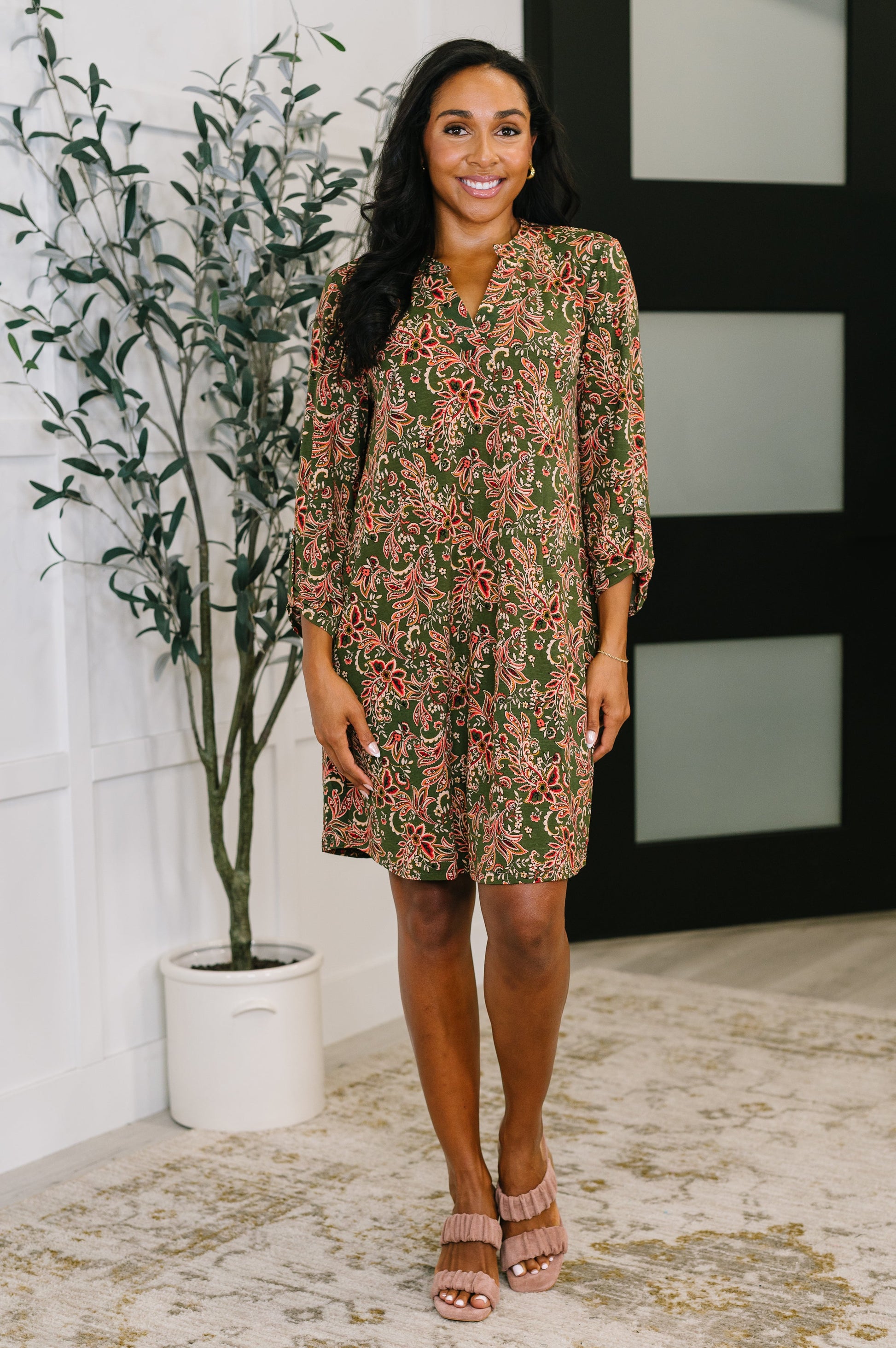 Lizzy Long Sleeve Dress in Olive Paisley at Curbside Boutique