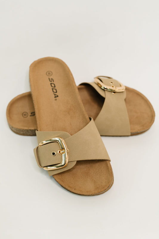 Lizzy Slip on Buckle Strap Sandal in Taupe at Curbside Boutique