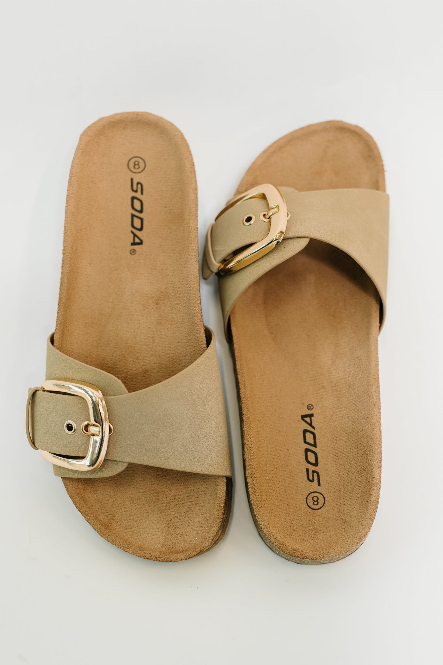 Lizzy Slip on Buckle Strap Sandal in Taupe at Curbside Boutique