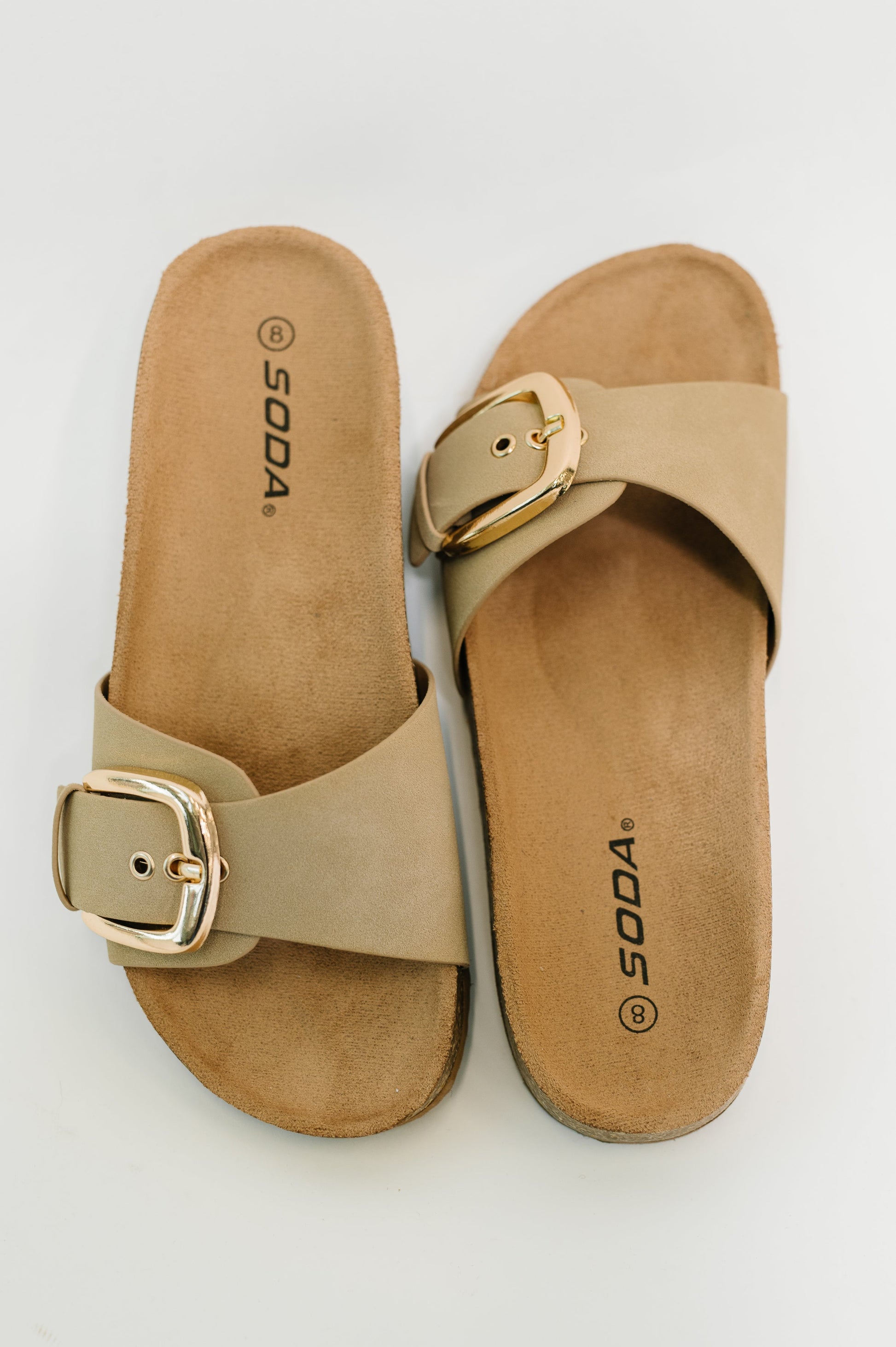 Lizzy Slip on Buckle Strap Sandal in Taupe at Curbside Boutique