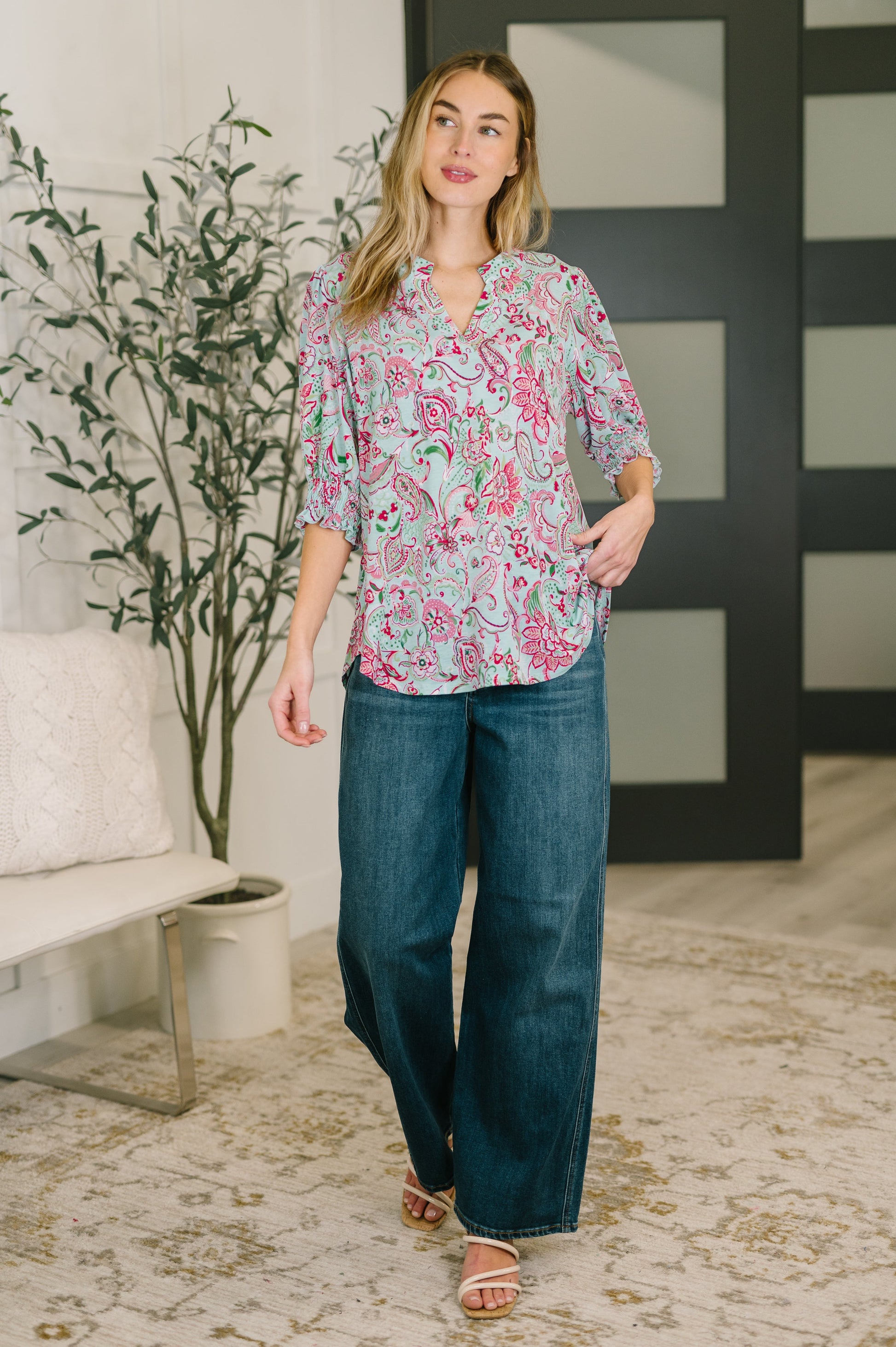 Lizzy Smock Top in Mint and Pink Floral Paisley at Curbside Boutique