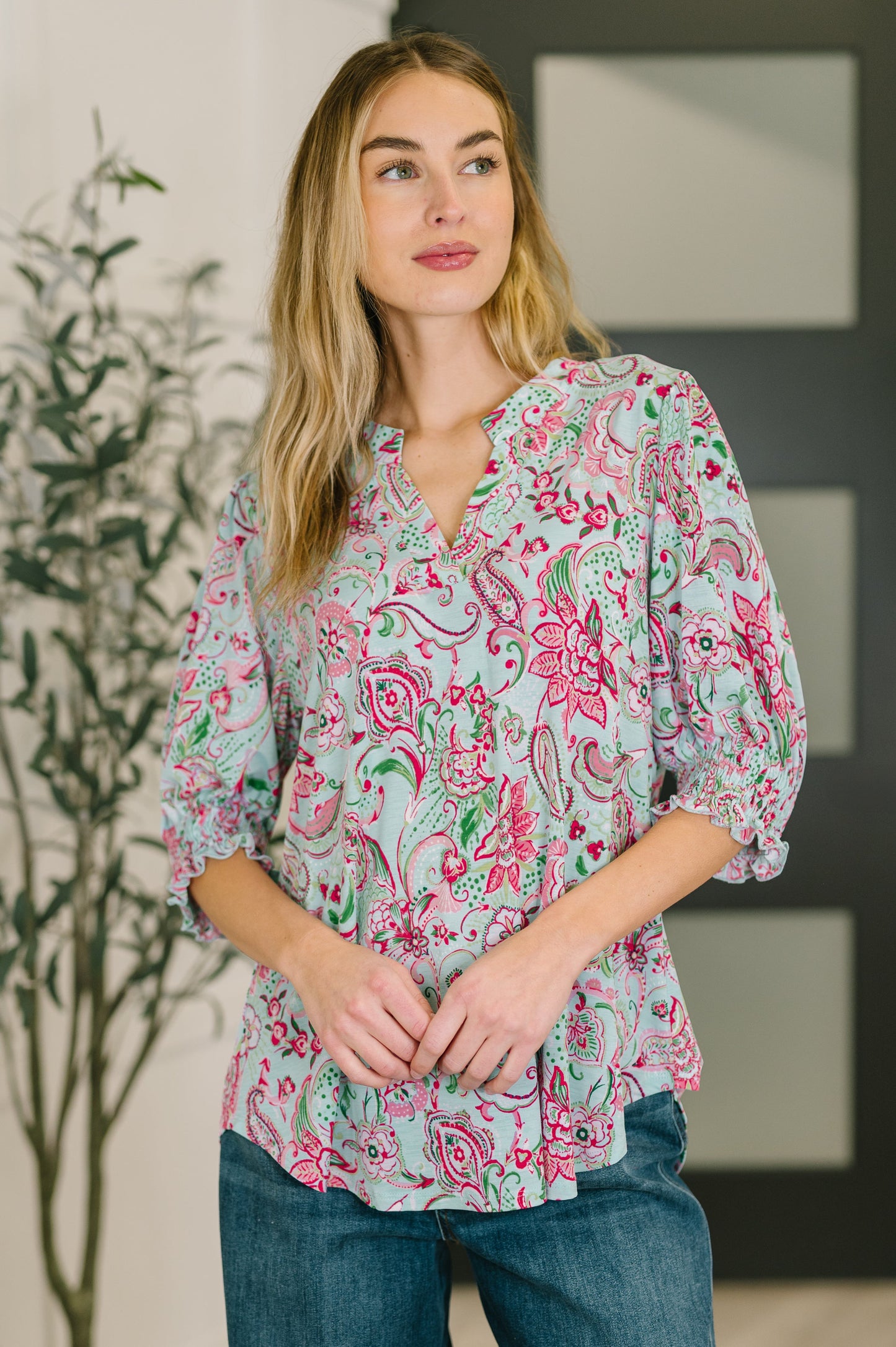 Lizzy Smock Top in Mint and Pink Floral Paisley at Curbside Boutique