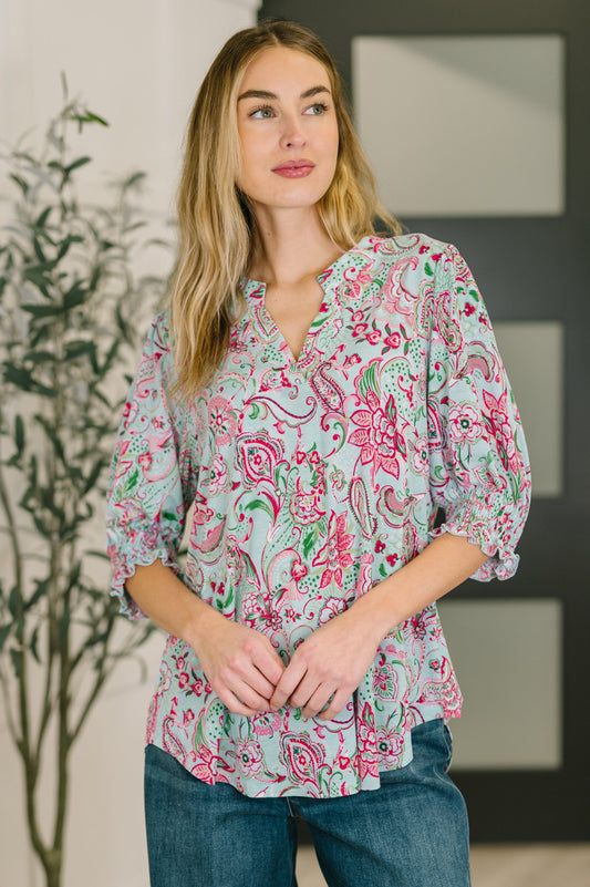 Lizzy Smock Top in Mint and Pink Floral Paisley at Curbside Boutique