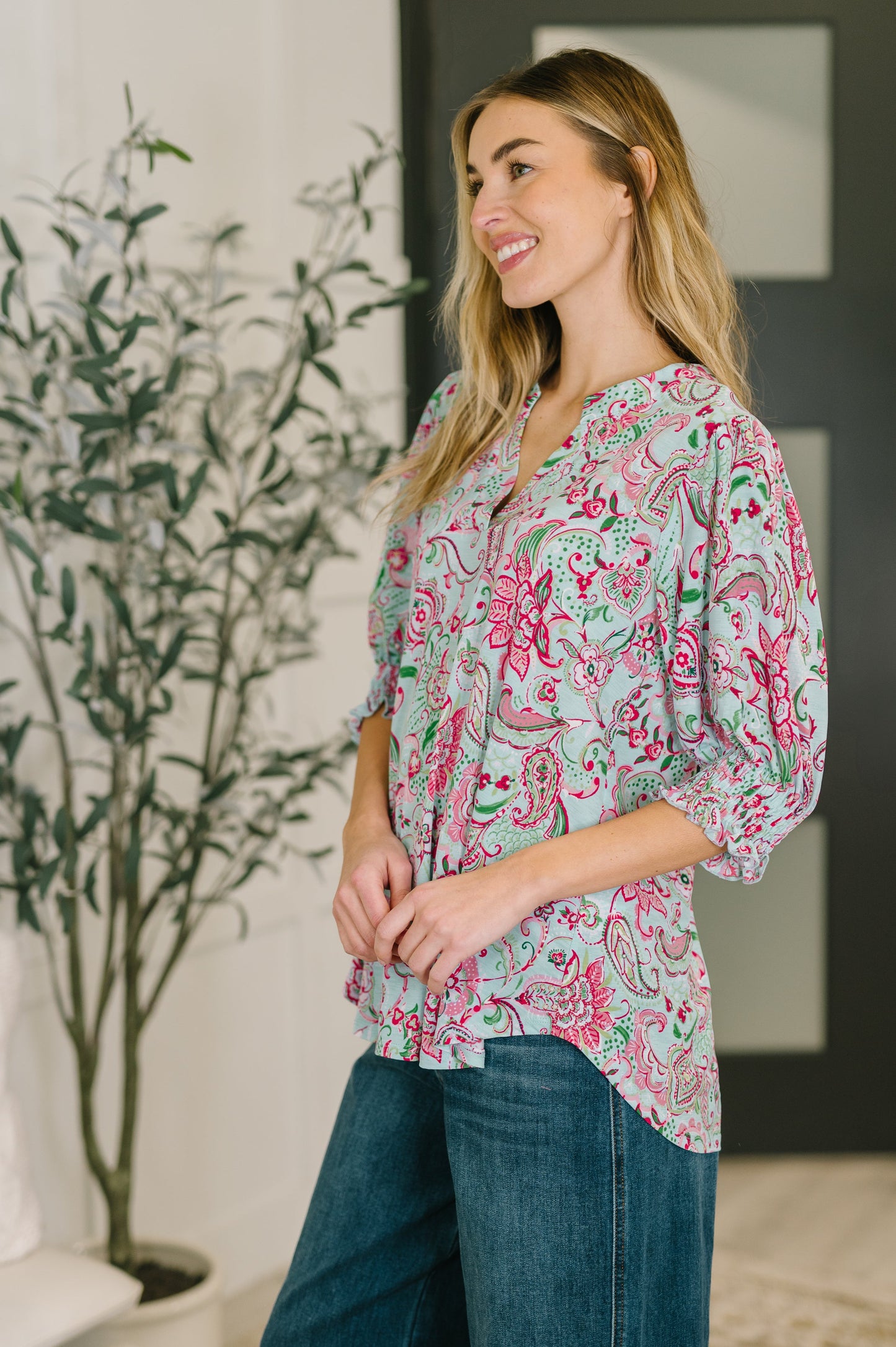 Lizzy Smock Top in Mint and Pink Floral Paisley at Curbside Boutique