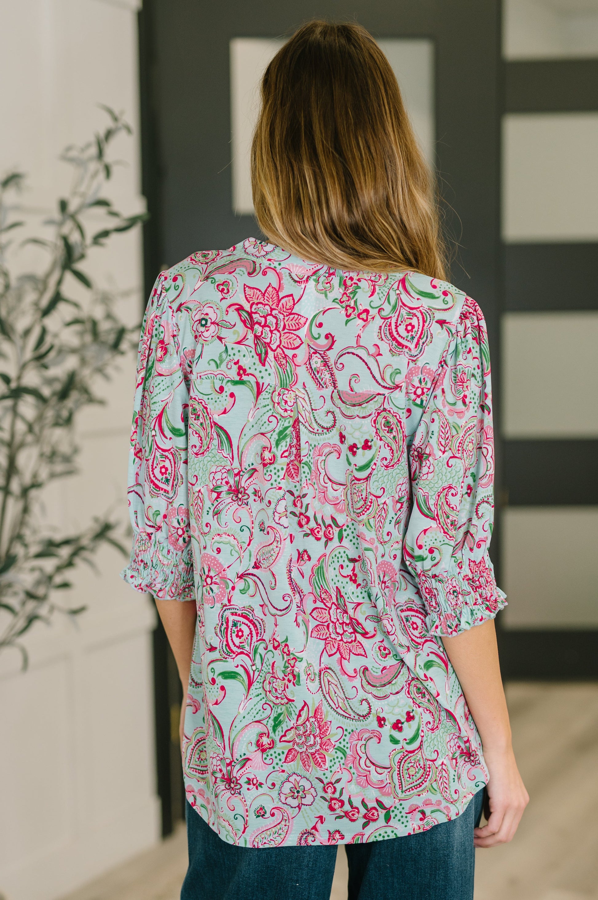 Lizzy Smock Top in Mint and Pink Floral Paisley at Curbside Boutique