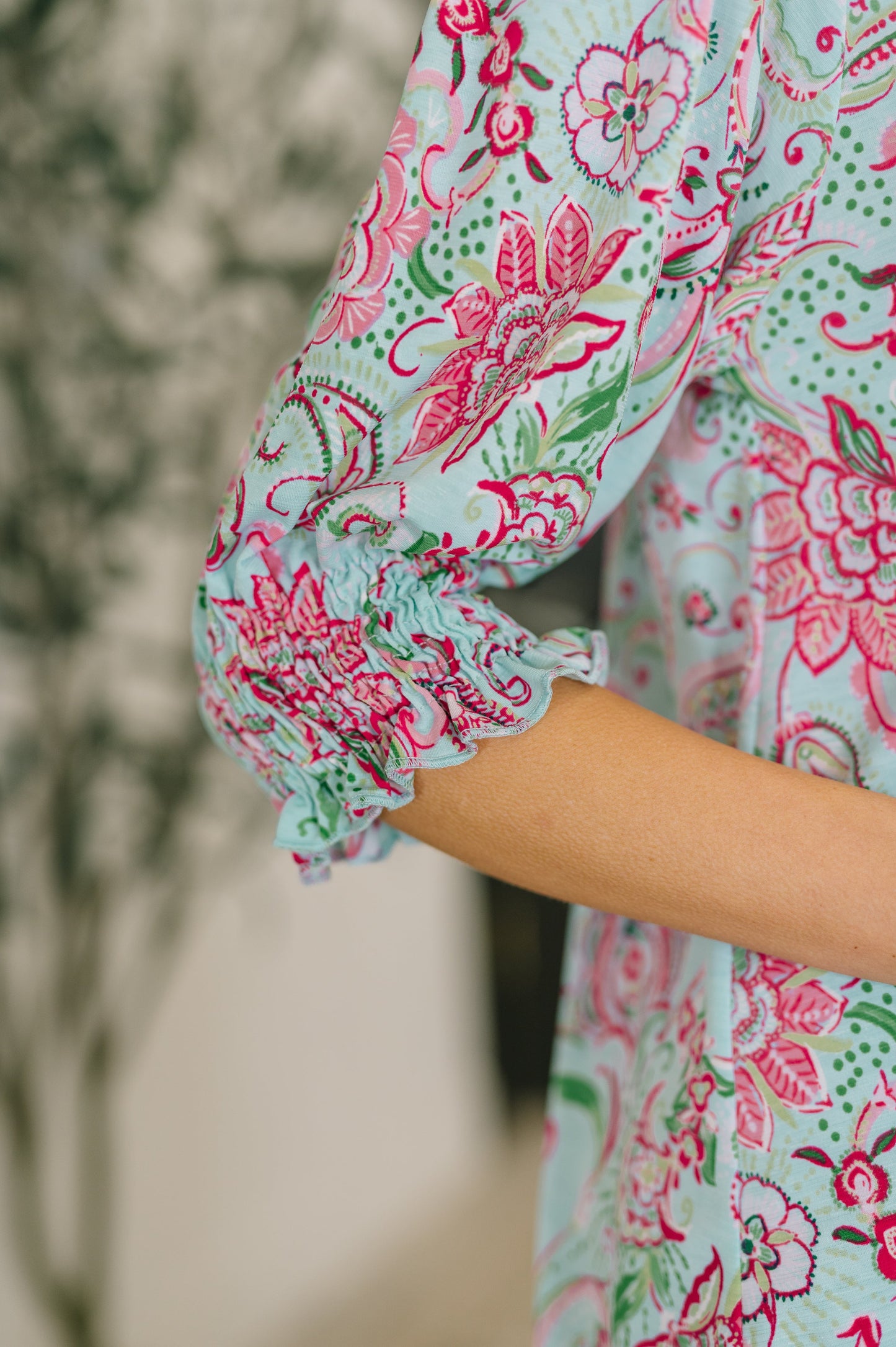 Lizzy Smock Top in Mint and Pink Floral Paisley at Curbside Boutique