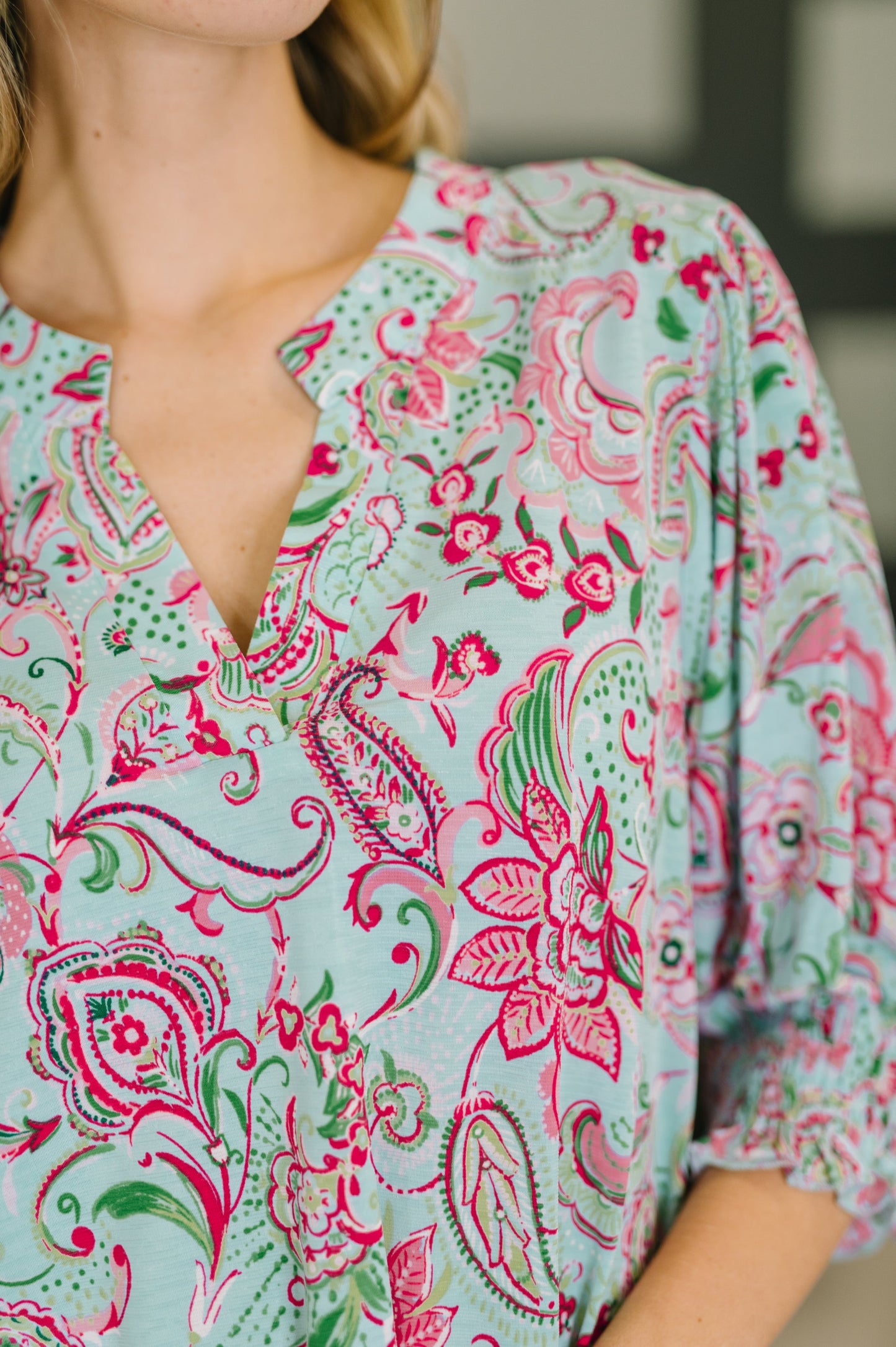 Lizzy Smock Top in Mint and Pink Floral Paisley at Curbside Boutique