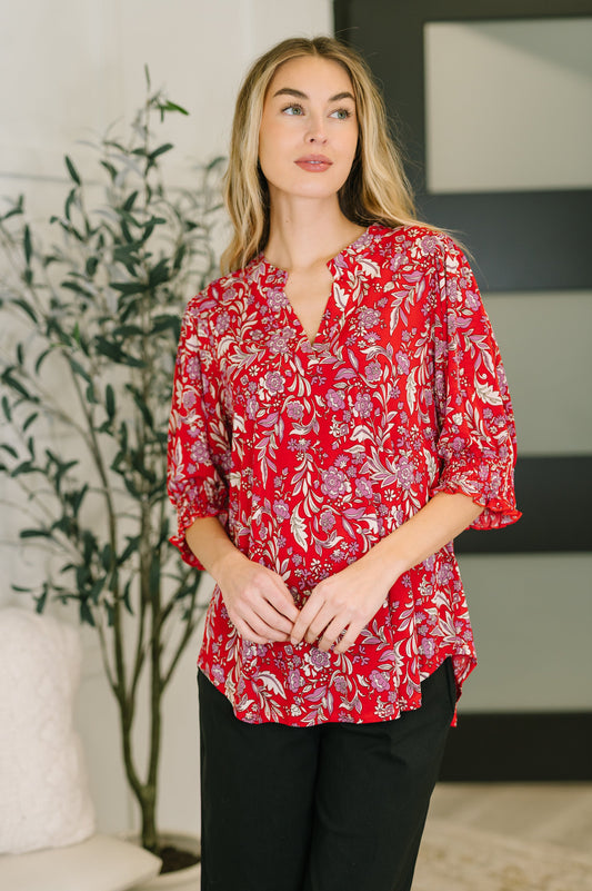 Lizzy Smock Top in Red and Pink Floral at Curbside Boutique
