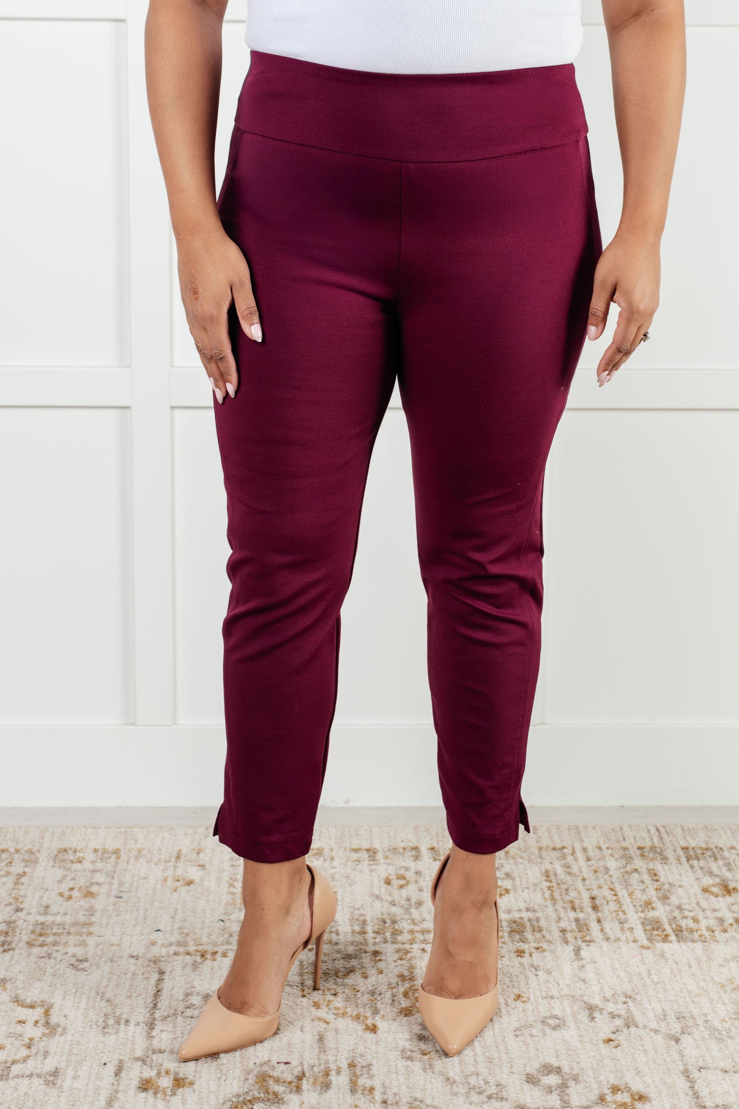 Magic Ankle Crop Skinny Pants in Wine at Curbside Boutique
