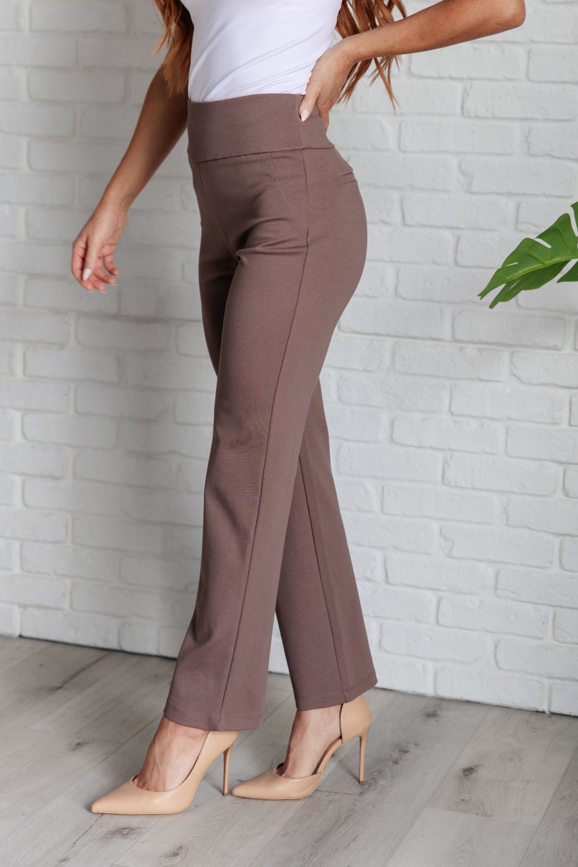 Magic Straight Pants in Dark Mocha at Curbside Boutique