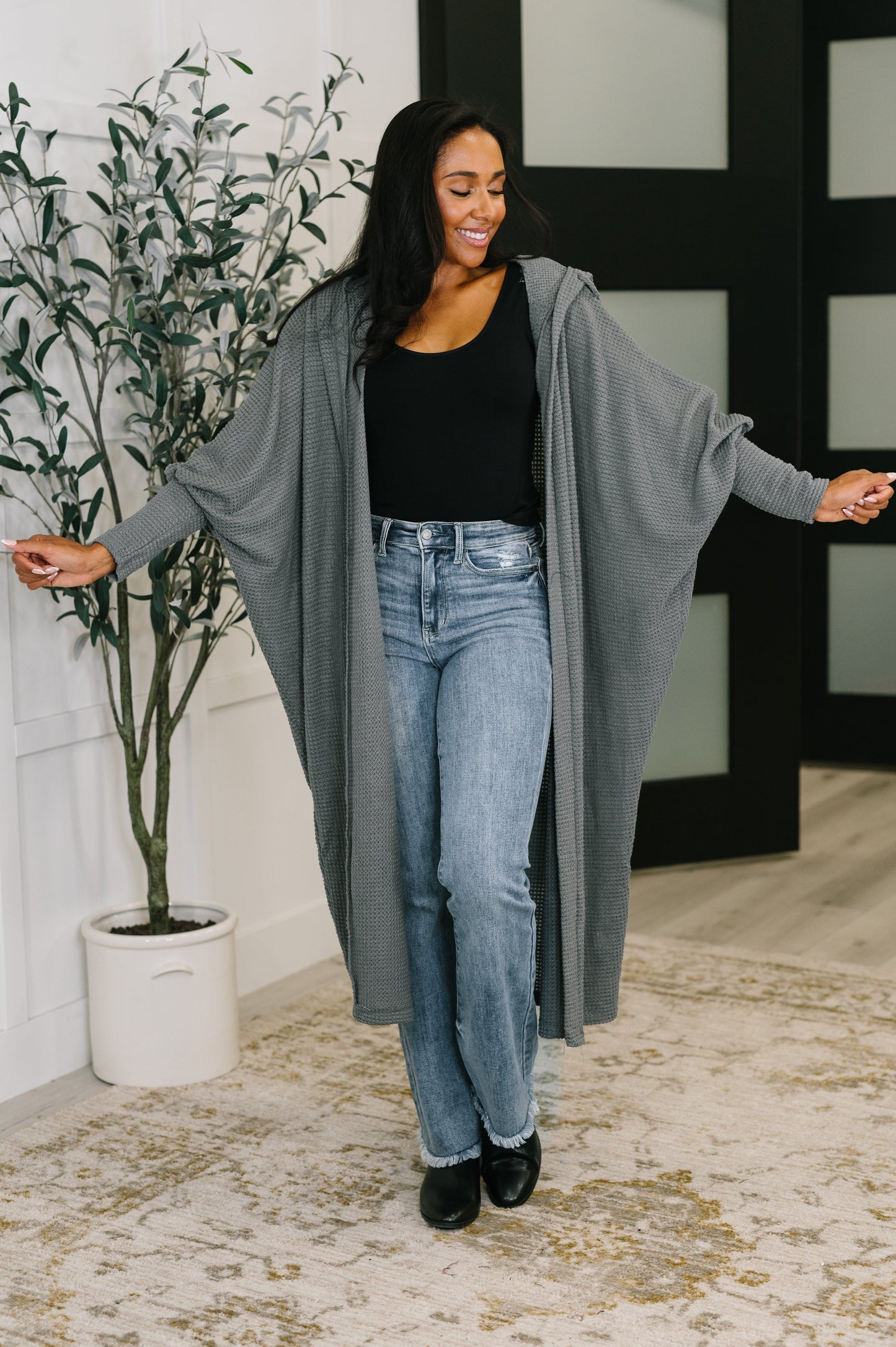 Pamper Travel Hooded Cardigan in Charcoal at Curbside Boutique