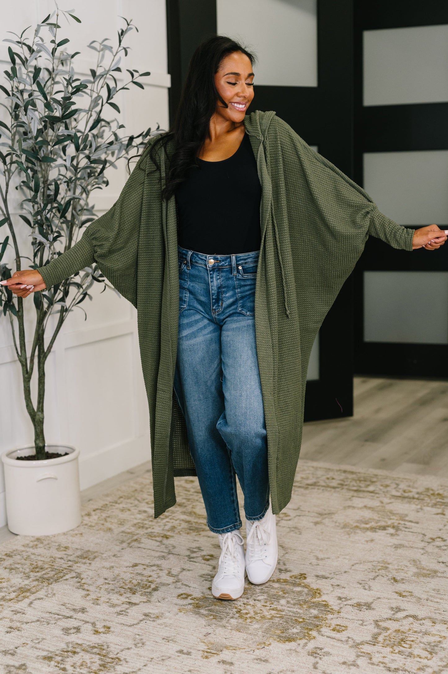 Pamper Travel Hooded Cardigan in Olive at Curbside Boutique
