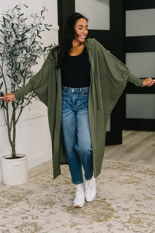 Pamper Travel Hooded Cardigan in Olive at Curbside Boutique