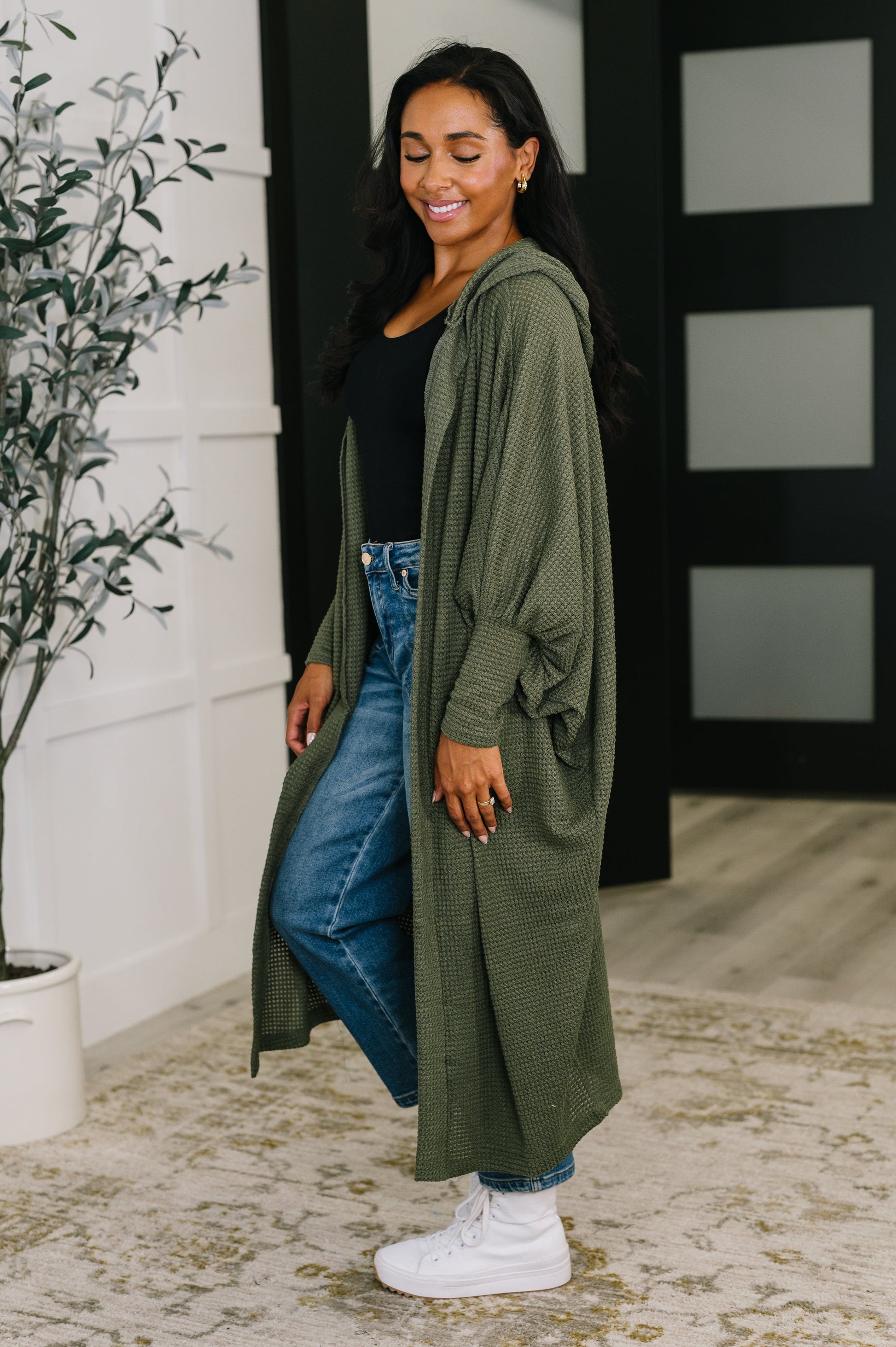 Pamper Travel Hooded Cardigan in Olive at Curbside Boutique