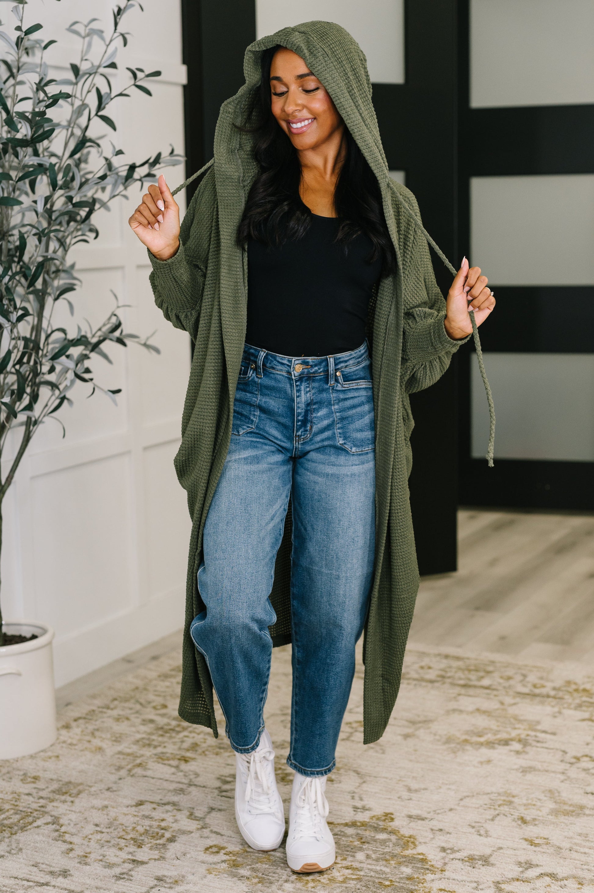 Pamper Travel Hooded Cardigan in Olive at Curbside Boutique