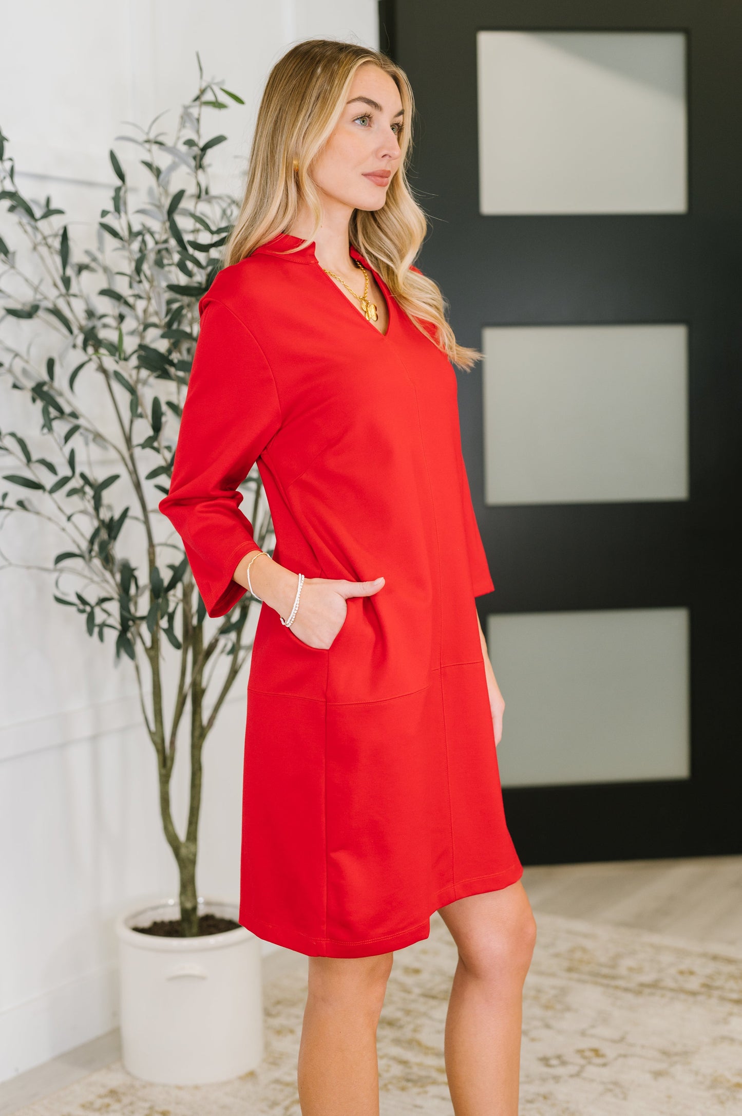 Portfolio Quarter Sleeve Dress in Red at Curbside Boutique