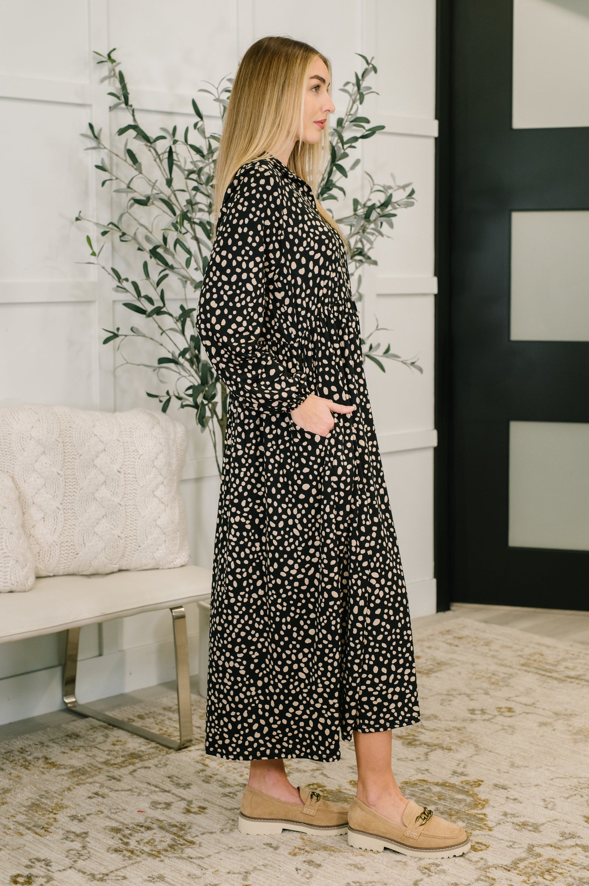 Promotional Proposal Collared Dress in Black and Khaki at Curbside Boutique