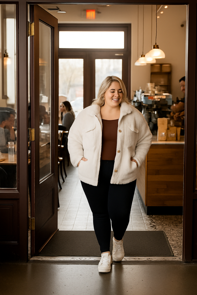 Coffee Run in the Shrouded in Sherpa Coat in White  at Curbside Boutique