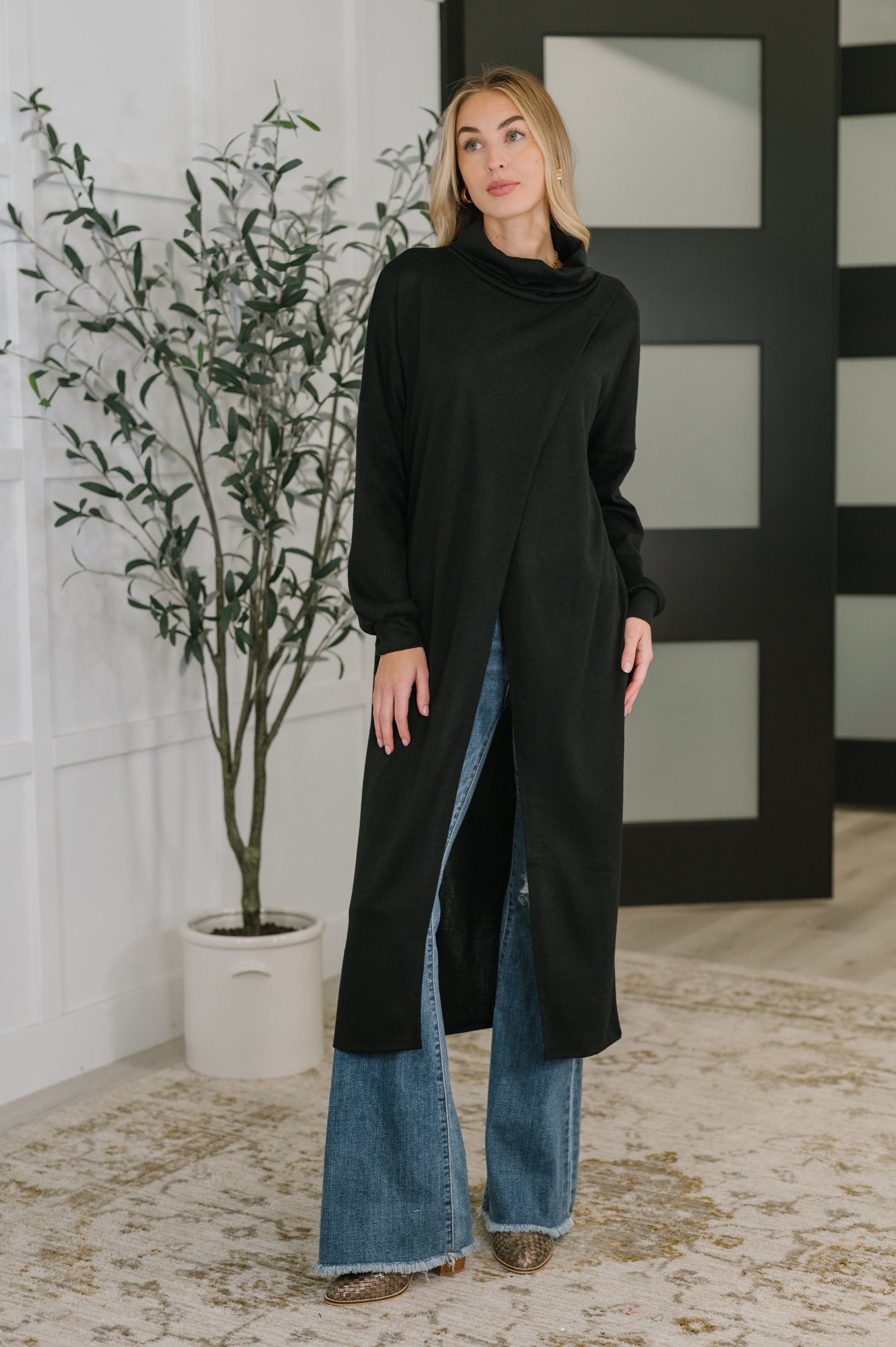 Travel City Scape Turtle Neck Tunic in Black at Curbside Boutique
