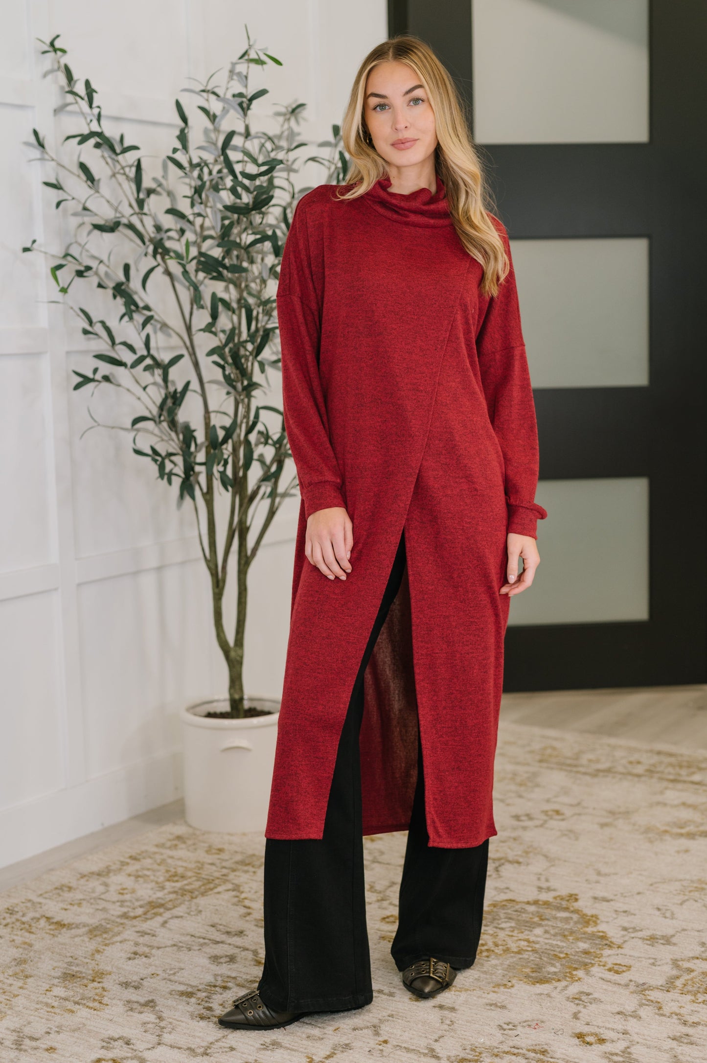 Travel City Scape Turtle Neck Tunic in Wine at Curbside Boutique