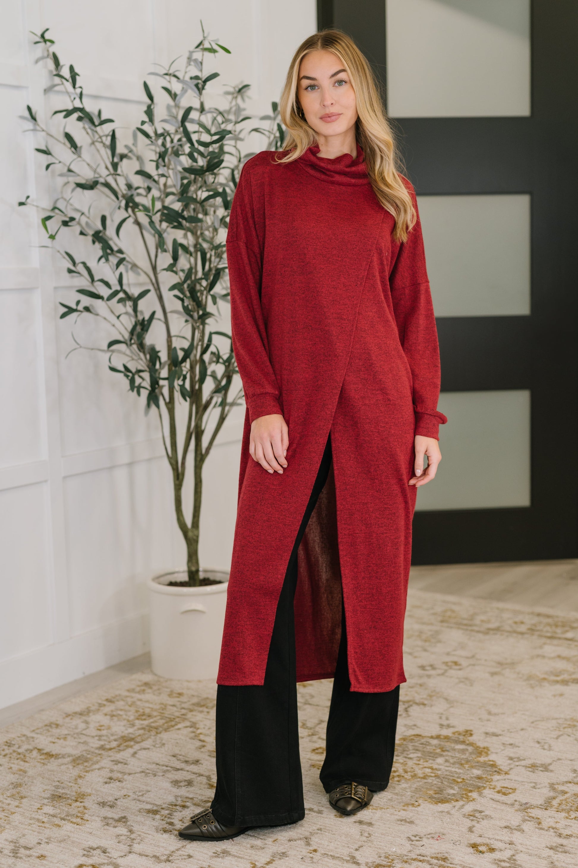 Travel City Scape Turtle Neck Tunic in Wine at Curbside Boutique