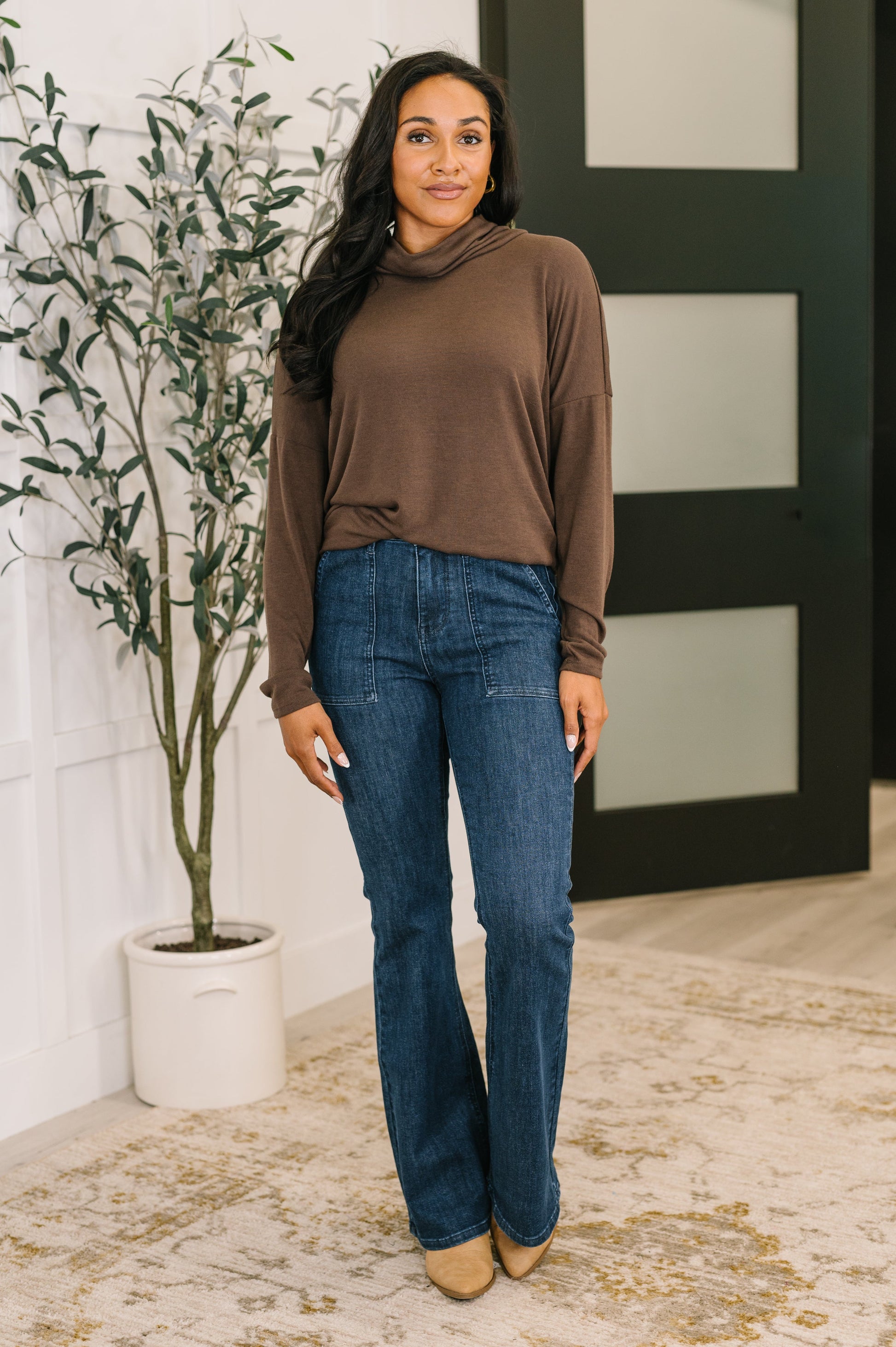 Travel Destination Cowl Neck Pullover in Chocolate by Curbside Boutique