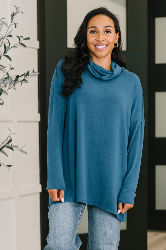 Travel Destination Cowl Neck Pullover in Dark Teal by Curbside Boutique
