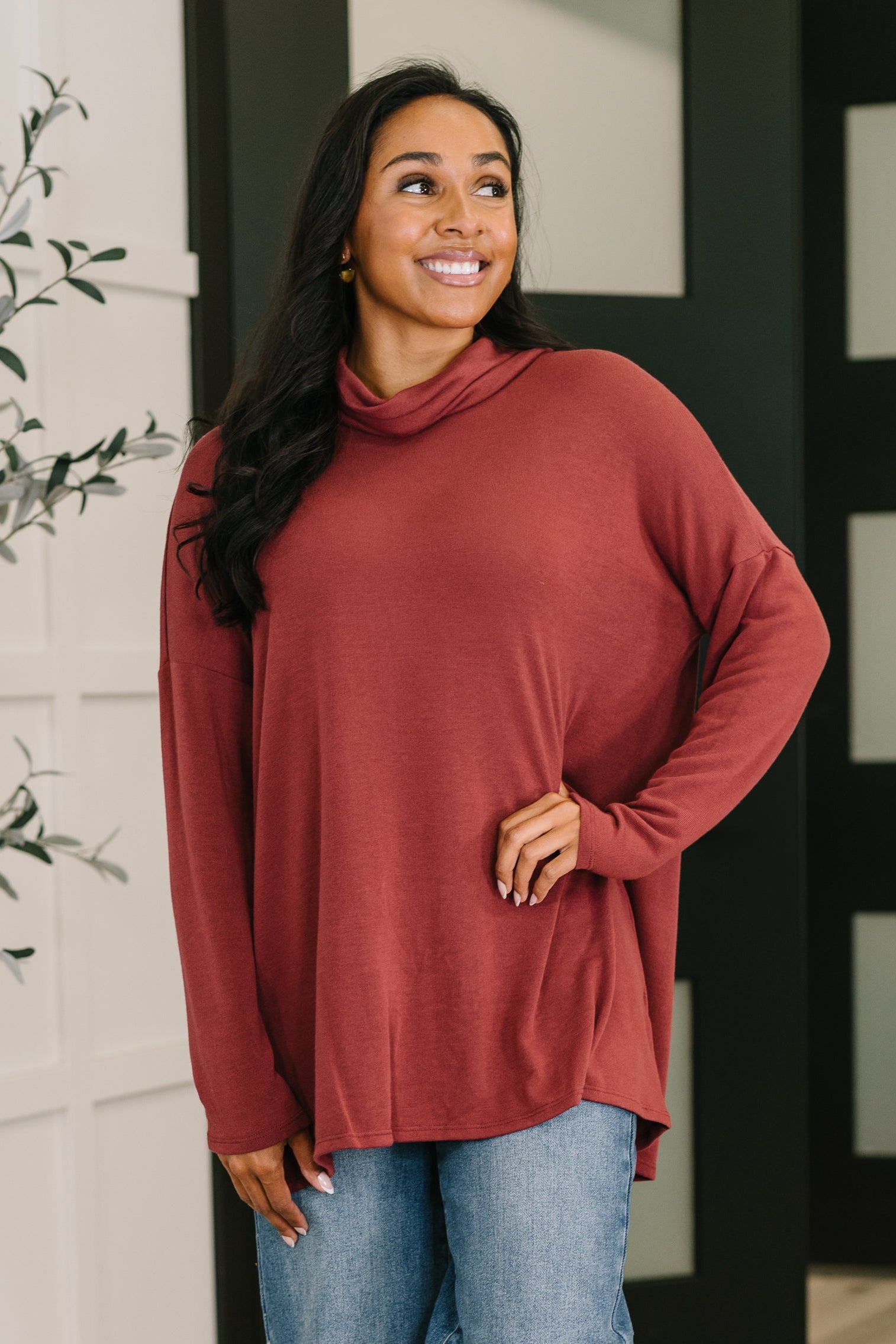 Travel Destination Cowl Neck Pullover in Wine at Curbside Boutique