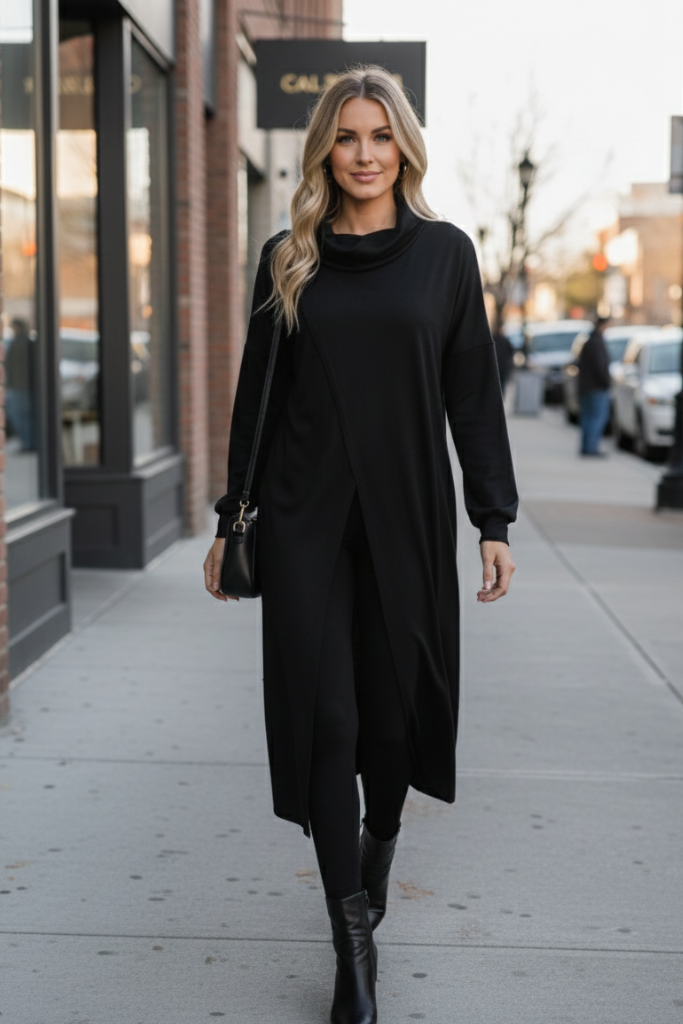 Travel City Scape Turtle Neck Tunic in Black at Curbside Boutique