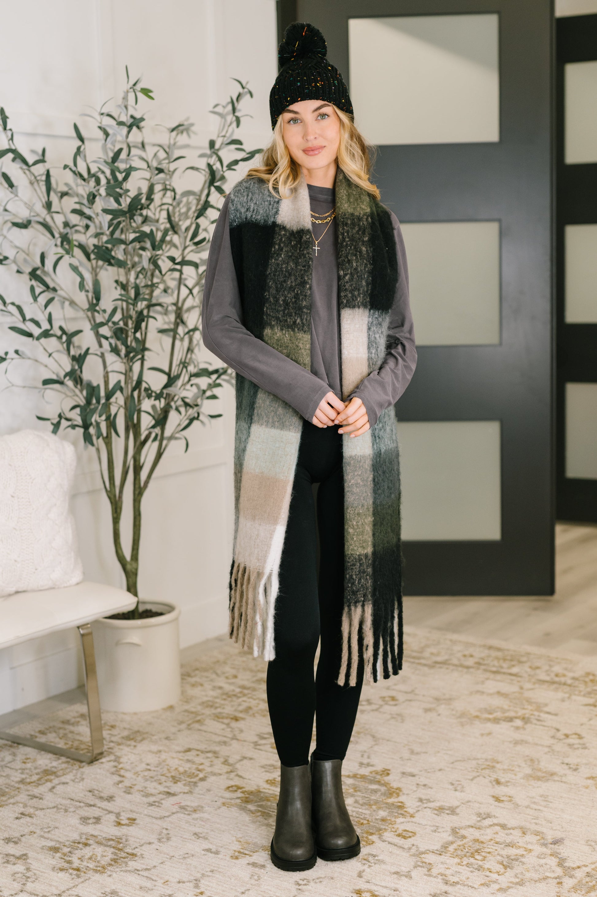 Wanderlust Wrap Oversized Plaid Fringe Scarf in Grey and Jade at Curbside Boutique