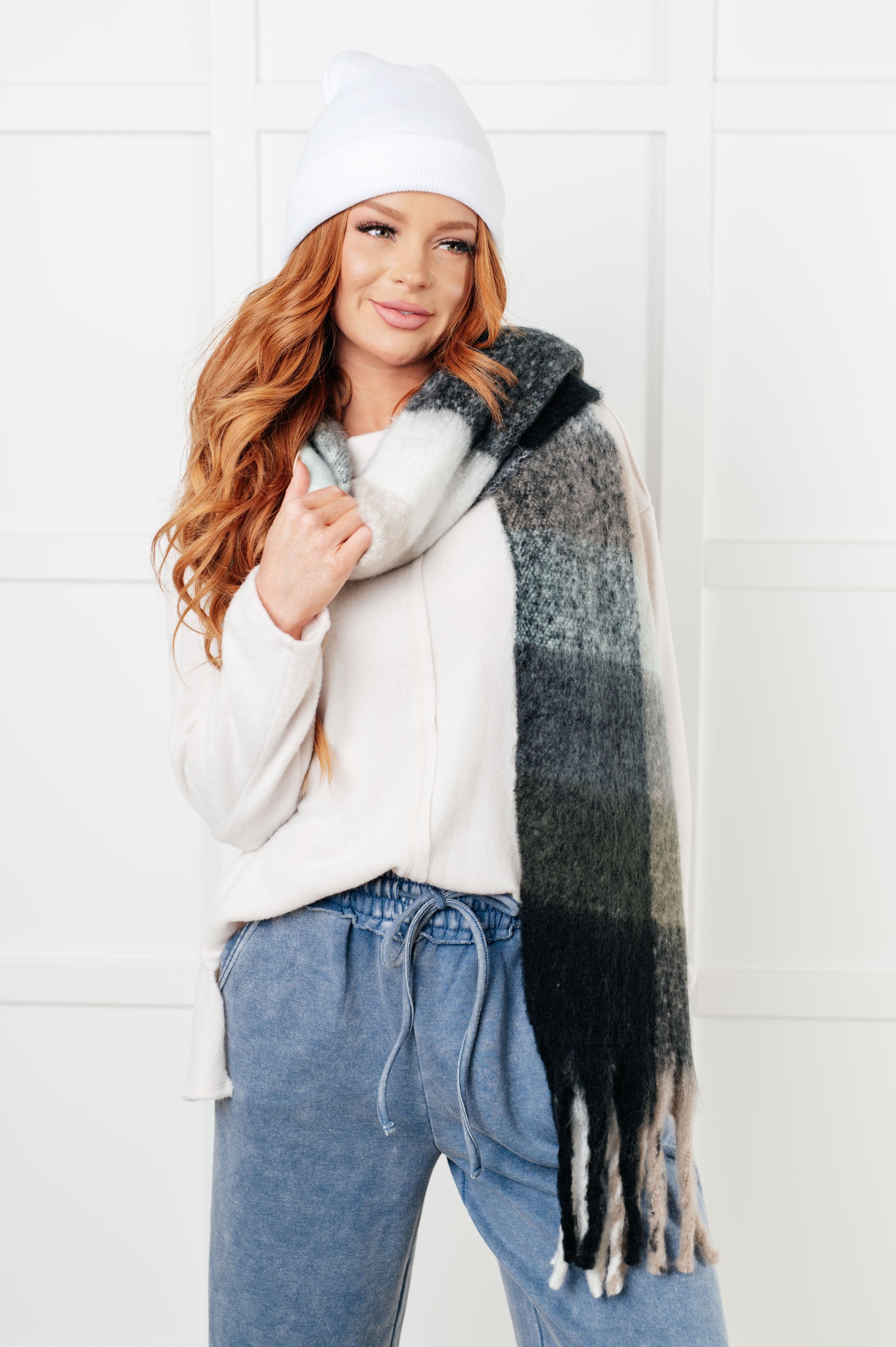 Wanderlust Wrap Oversized Plaid Fringe Scarf in Grey and Jade at Curbside Boutique
