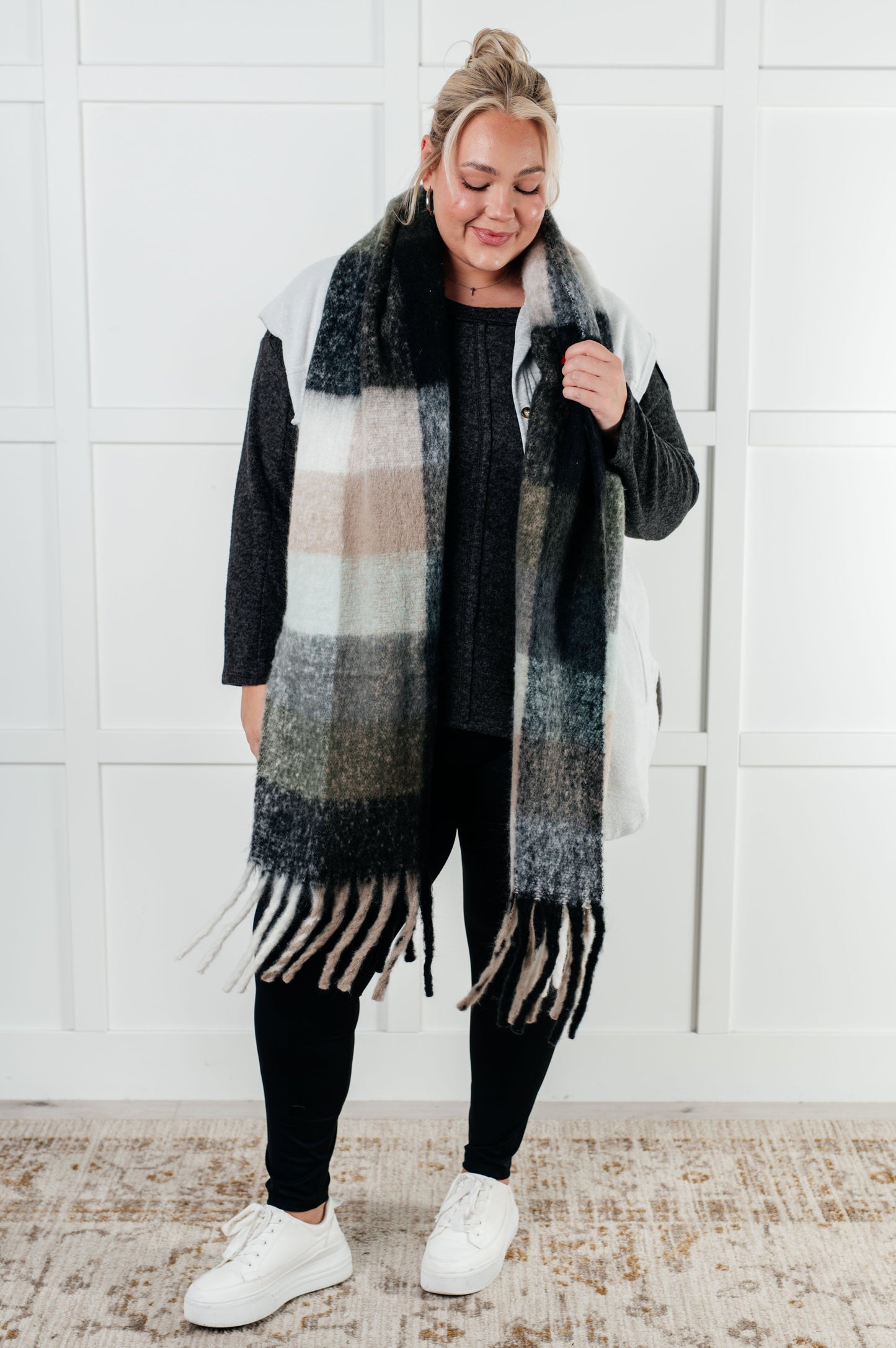 Wanderlust Wrap Oversized Plaid Fringe Scarf in Grey and Jade at Curbside Boutique