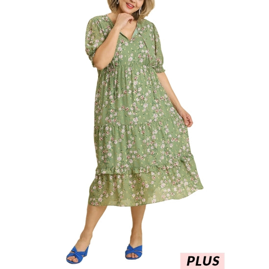 Green Tea Floral Tie Front Maxi Dress